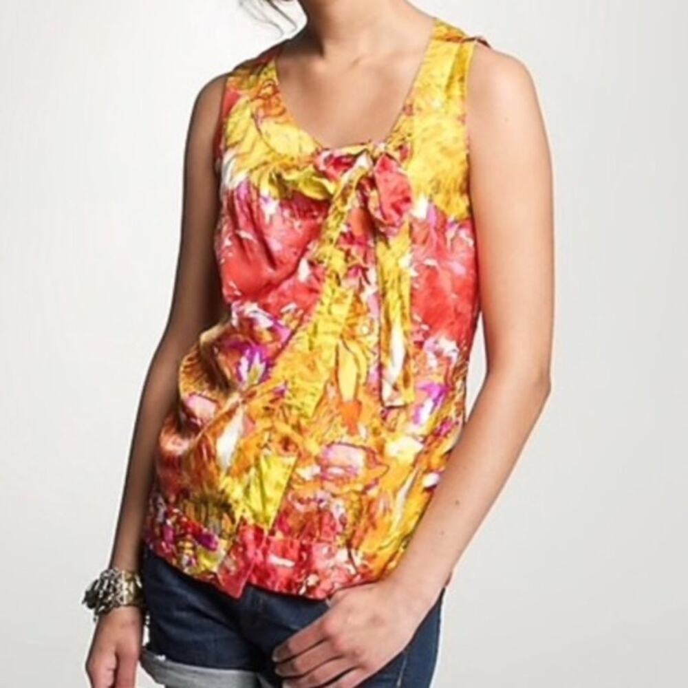 J Crew 100% Silk Impressionist Print Floral Tank Blouse wrap golden beach size 4